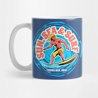 Vintage Sun, Sea & Surf Trunk Bay, US Virgin Islands // Retro Surfing // Surfer Catching Waves Mug